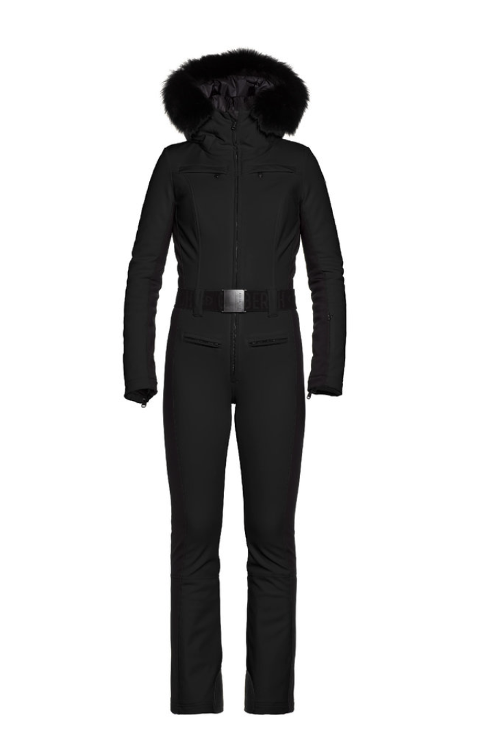 Goldbergh Parry One Piece Ski Suit in Black with Faux Fur Hood