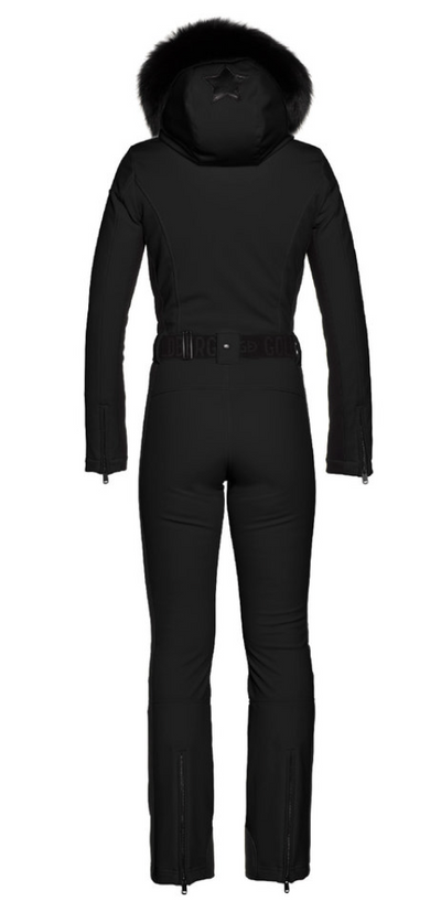 Goldbergh Parry One Piece Longer Length Ski Suit in Black with Faux Fur Hood