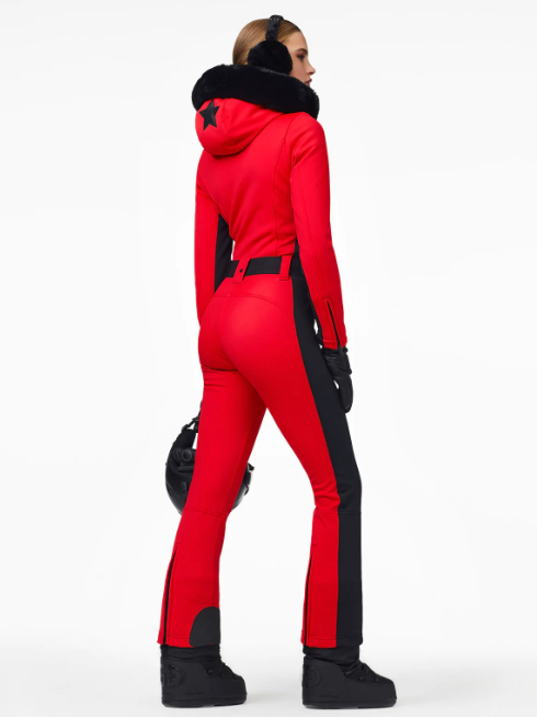 Goldbergh Parry One Piece Longer Length Ski Suit in Flame Red with Faux Fur Hood