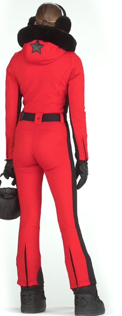 Goldbergh Parry One Piece Ski Suit in Flame Red with Fur Hood