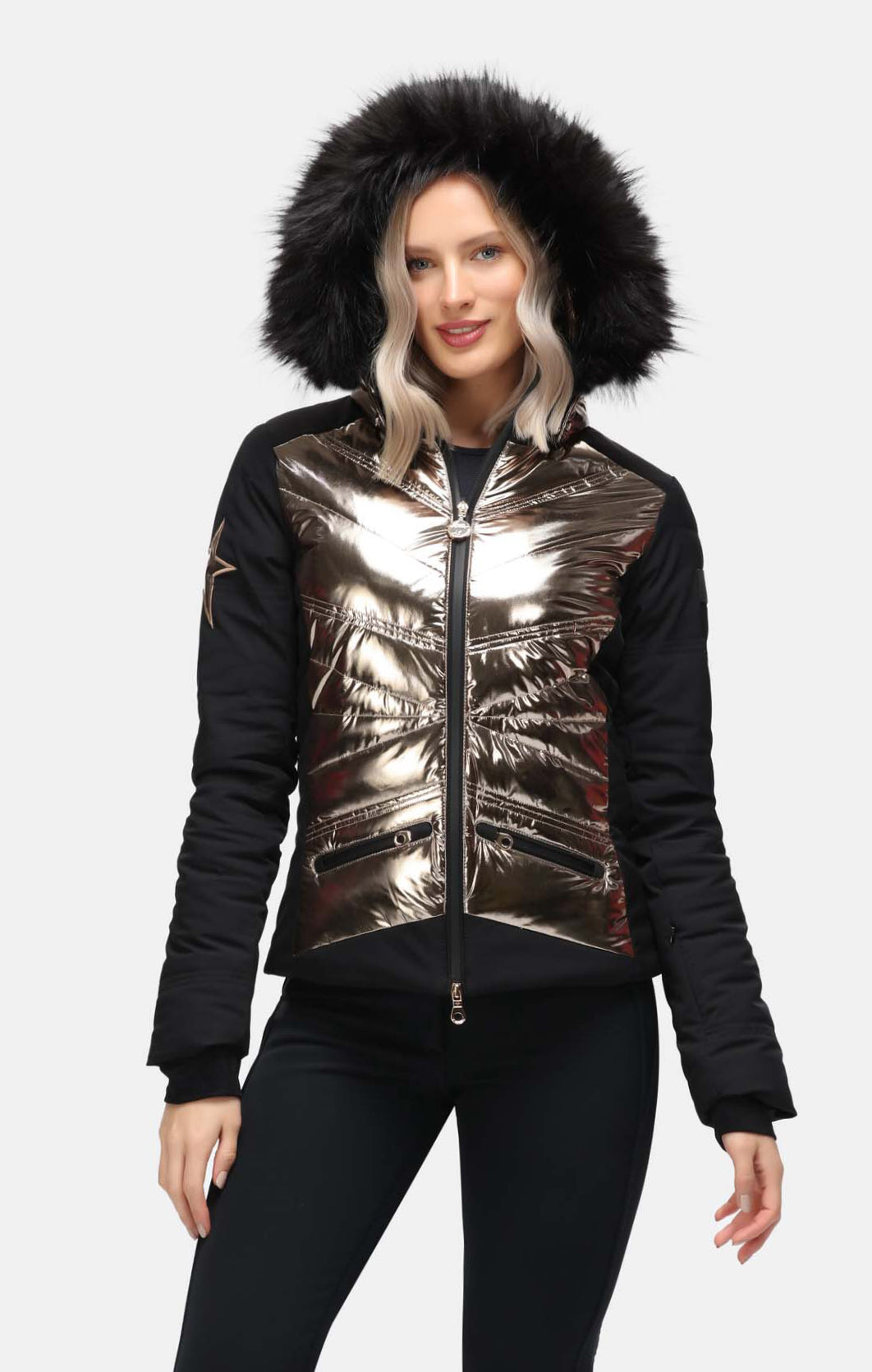 High Society Harper Black and Caramel Ski Jacket with Faux Fur Hood