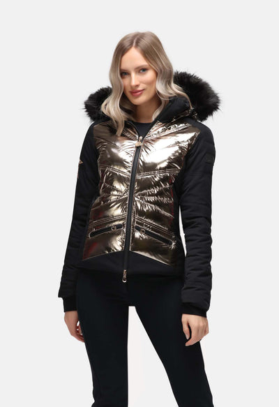 High Society Harper Black and Caramel Ski Jacket with Faux Fur Hood