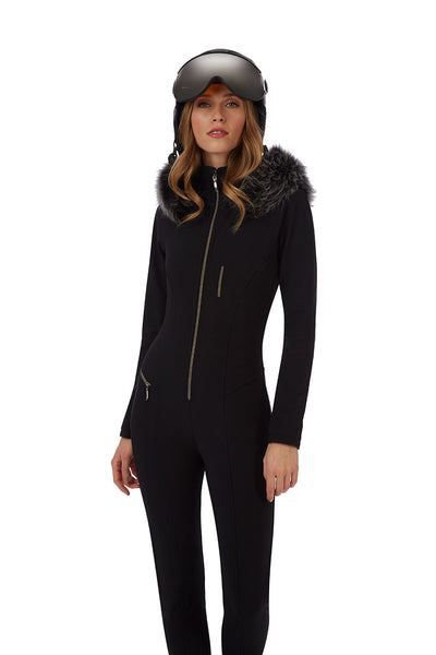 Emmegi Winnie One Piece Ski Suit in Black with Fur Trimmed Hood