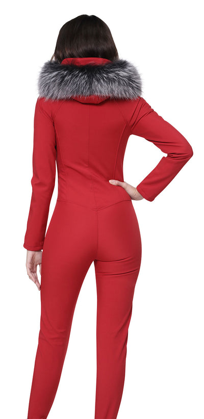 Emmegi Winnie One Piece Ski Suit in Red with Fur Hood