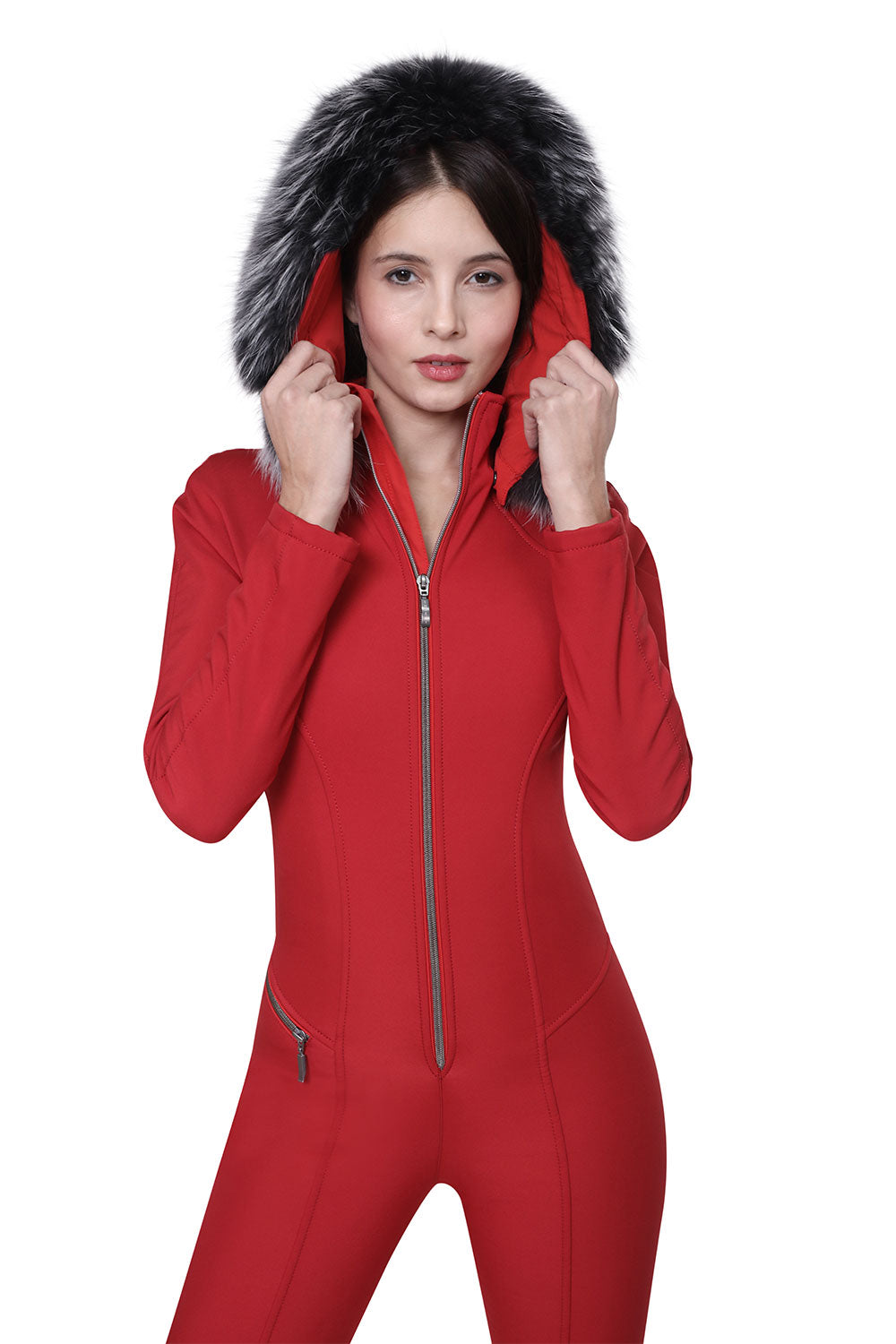 Emmegi Winnie One Piece Ski Suit in Red with Fur Hood